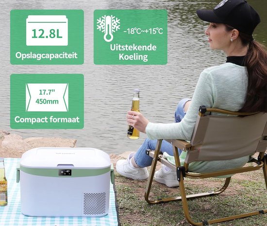 Compressor Koelbox 12,8L - Koelt tot -18°C in 40 Min - 12/24V & 230V - Touchscreen - Accu Beveiliging - Camping & Auto - Wit — afbeelding 3