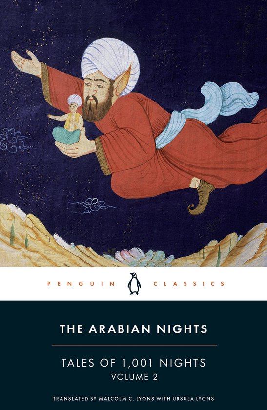 De cover van 'The Arabian Nights, Tales of 1,001 Nights, Volume 2' toont een illustratie van een man in een rood gewaad en witte tulband, vliegend in de nachtelijke hemel met een kleine figuur in zijn hand.