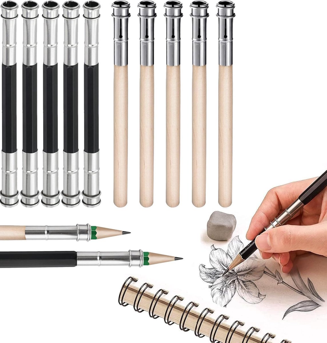 Potlood Verlenger - Pencil Extenders - Hout en Plastic - Verstelbaar en Duurzaam - Voor Teken- en Schrijfwerk