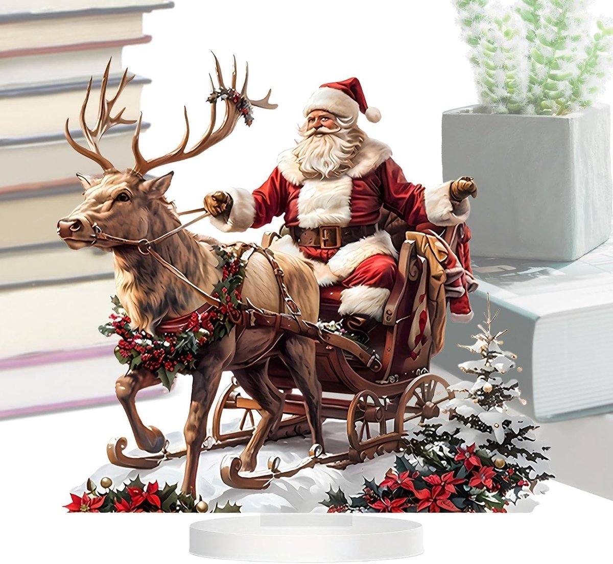 Kerstman Slee Decoratie - Kerstbeeldje Rendier - Feestelijke Sfeer Creëren - Fijn Vakmanschap - 14 x 15 cm - Kerstman Kleuren – foto 6