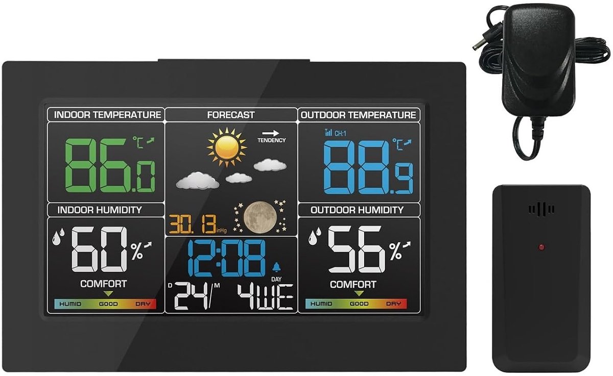 Weerstation Klok - Digitale Thermometer Vochtigheidsmeter - Thuis Weer Monitoren - Projectie Tijd/Temperatuur - 208x74x139mm - Wit