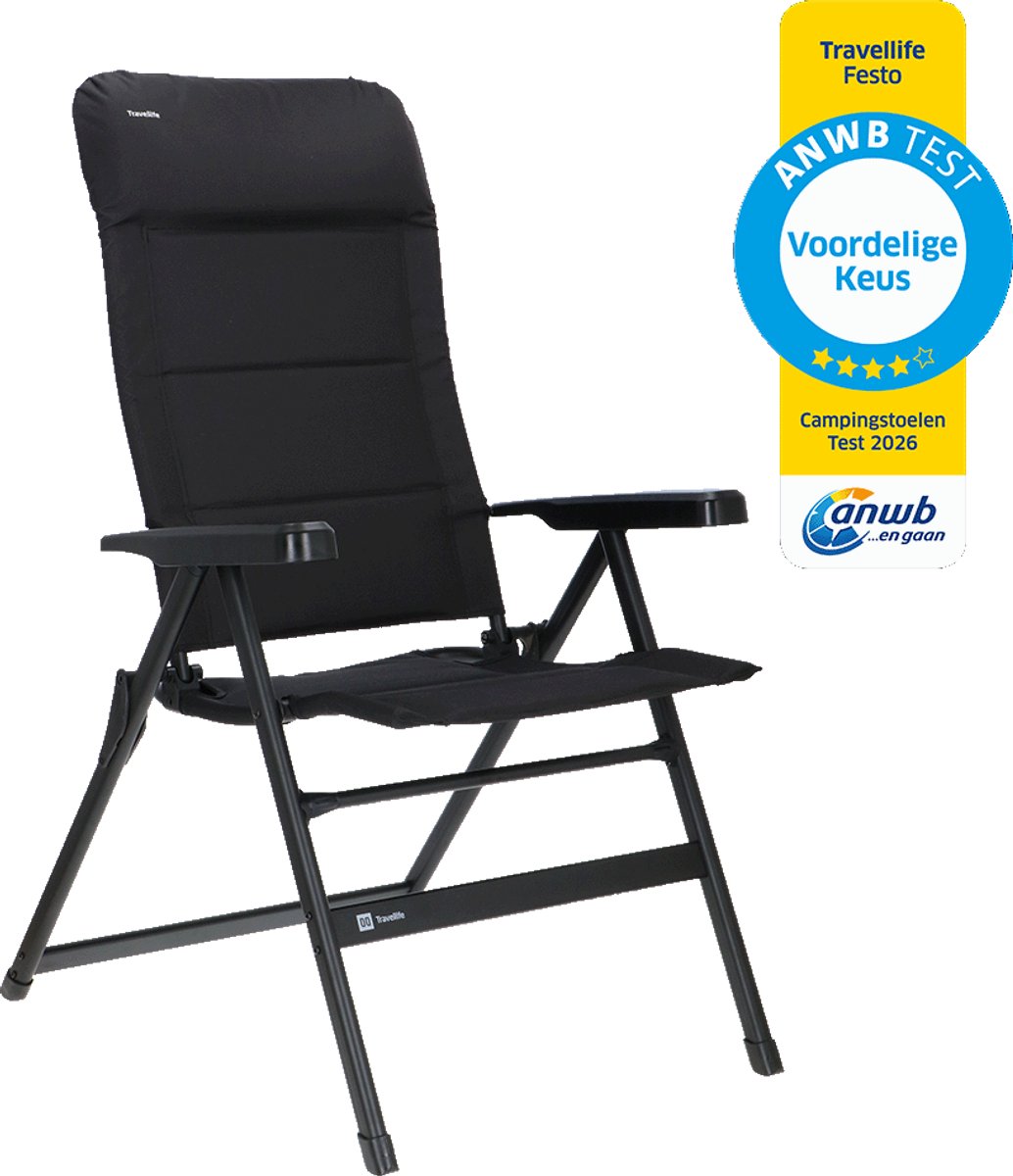 Travellife Festo Campingstoel L Grafiet Zwart - In 7 standen verstelbaar - Compact opvouwbaar - Geïntegreerd Hoofdkussen