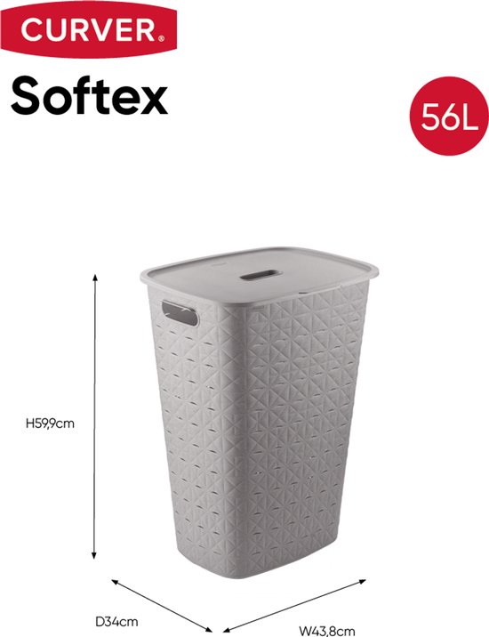 Grijze Curver Softex wasmand van 56L met deksel en diamantpatroon, afmetingen H59cm, D34cm, B43.8cm.