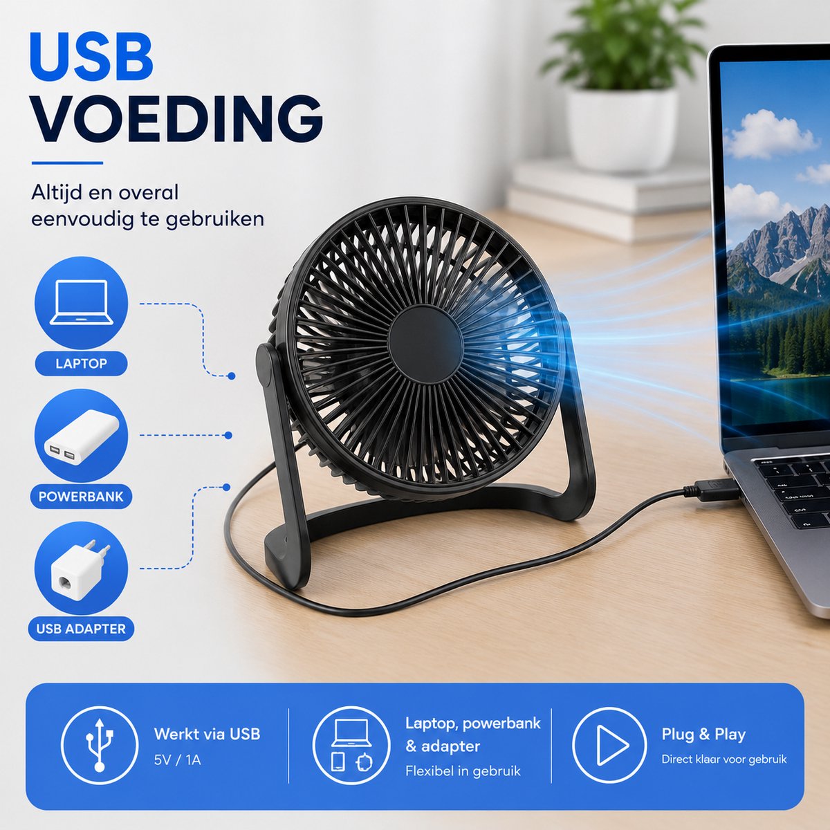 Bureau Ventilator - Zuinige Tafelventilator - Kleine USB Ventilator - Mini Bureauventilator - Kantelbare Statiefventilator - Compacte USB-C Fan - Tafelventilator Geluidloos - Bureau Airco - Desk Fan - Deskventilator - Zwart - Silvergear — afbeelding 8