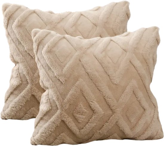 Lot de 2 coussins décoratifs 40x40 cm Beige | Avec coussins intérieurs | Coussins décoratifs carrés, doux et luxueux pour canapé et salon