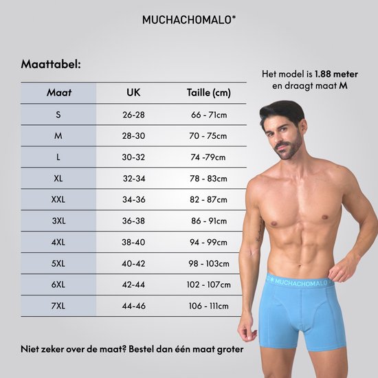 Maattabel voor Muchachomalo boxershorts met model en instructies: model is 1,88m en draagt maat M.