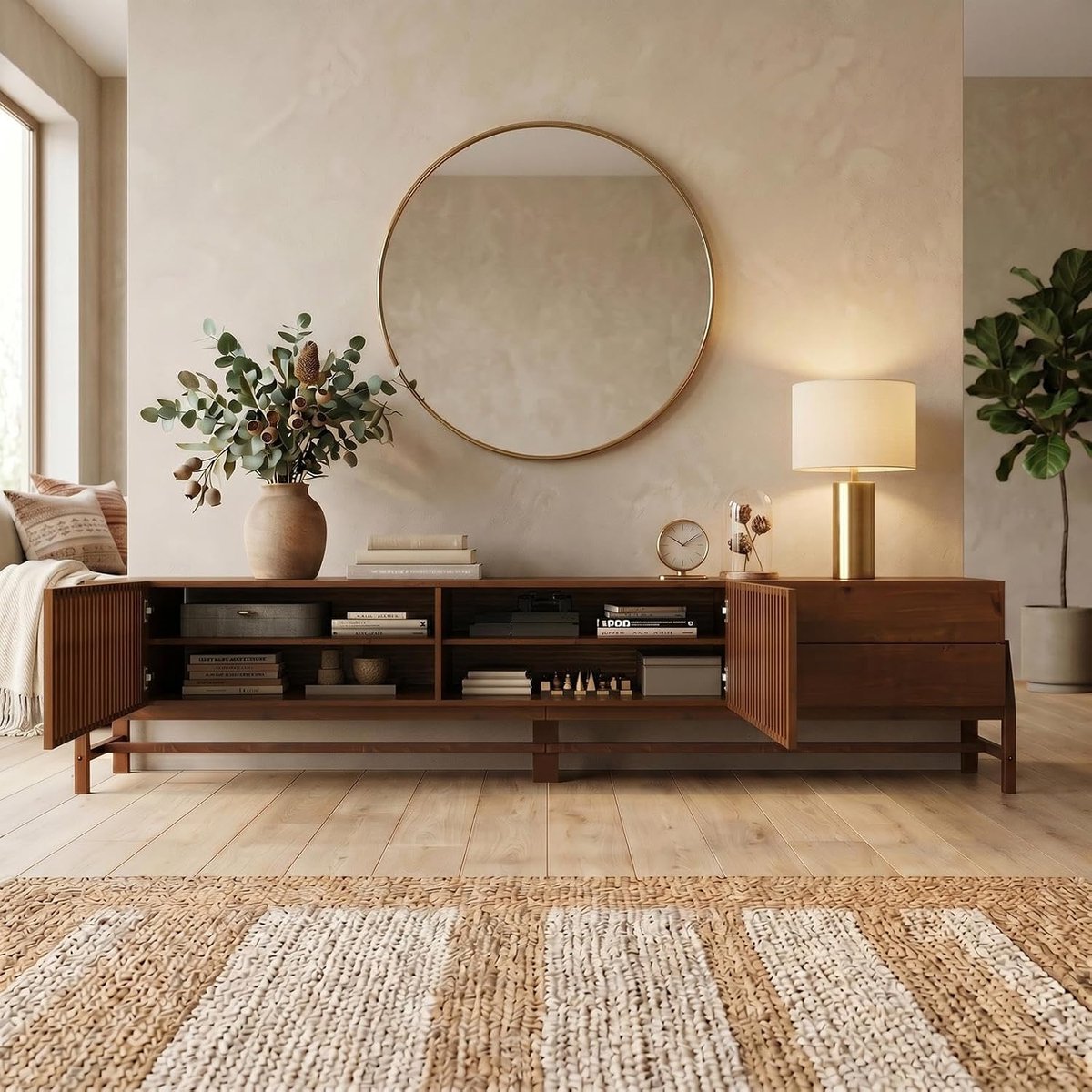 TV Meubel 225 x 53 x 41 cm – Massief Houten Lowboard met Lamellen Schuifdeuren en Lades – Modern Kastanje TV Kast / Dressoir / Sideboard – Mobili Bella