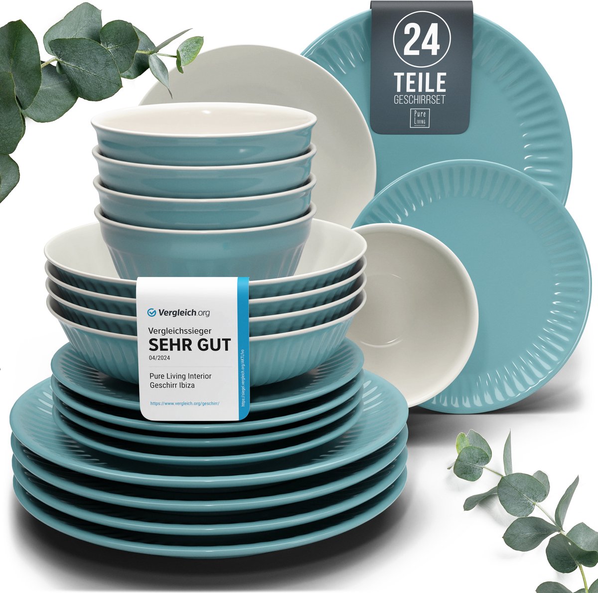 Pure Living Grün serviesset voor 6 personen – 24-delig – aardewerk – scandinavisch design – vaatwasserbestendig
