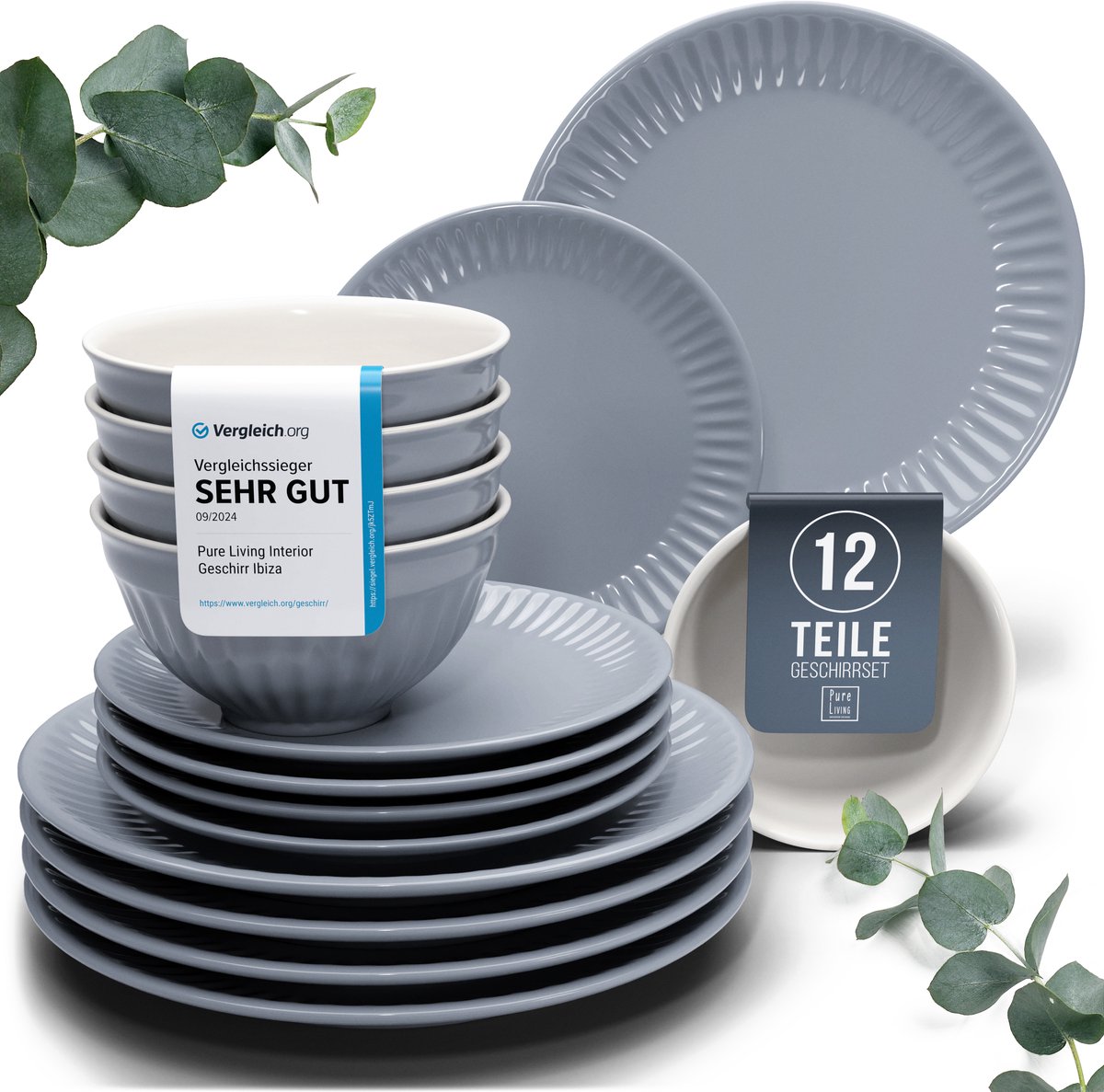 Pure Living Graublau serviesset voor 4 personen – 12-delig – aardewerk – scandinavisch design – vaatwasserbestendig