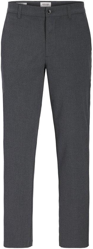 Donkergrijze regular fit pantalon met riemlussen en knoopsluiting.