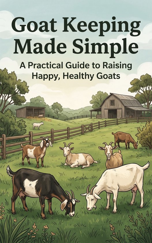 Boekomslag met de titel 'Goat Keeping Made Simple'. Een illustratie van een boerderijlandschap met geiten.