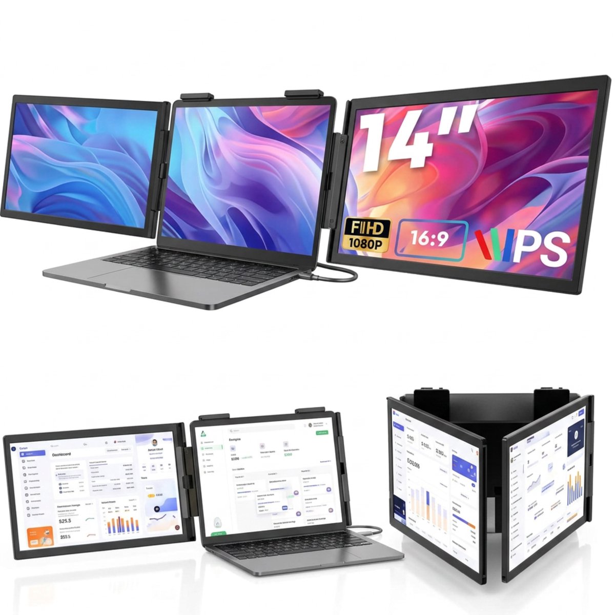 UFTA Dubbele Laptopmonitor 14 Inch - FHD IPS USB-C Triple Scherm - Plug & Play Windows Mac Xbox - 270° Rotatie Draagbaar - Zwart