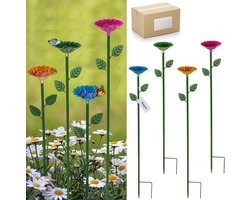 Set Van 4 Voederbakken voor Bloemen - Bijenwaterbakken - Bijenbaden voor Op Het Terras - Bijendrinkstations - Drinkstation voor Vogels - Bijen Bestuiving - Metalen Tuindecoraties - Voor Tuin en Erfdecoratie - Fuchsia, Groen, Blauw, Geel