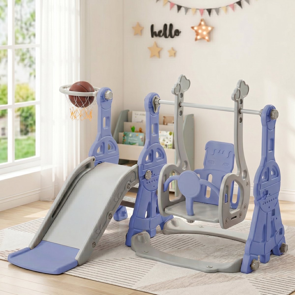 Kinderglijbaan, Buitenglijbaan Kinderen, 4-in-1 Schommelset met Glijbaan, Ladders, Schommels Basketbalring, Geschikt voor Speelhuisjes, Kleuterscholen Parken(Blauw)