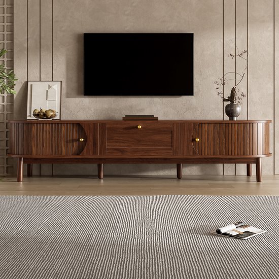 DESMIU Tv Meubel – Modern Design Met Opbergruimte En Ronde Hoeken Voor Woonkamer Slaapkamer En Hal – MDF – Walnoot – 170 X 39,5 X 38 Cm