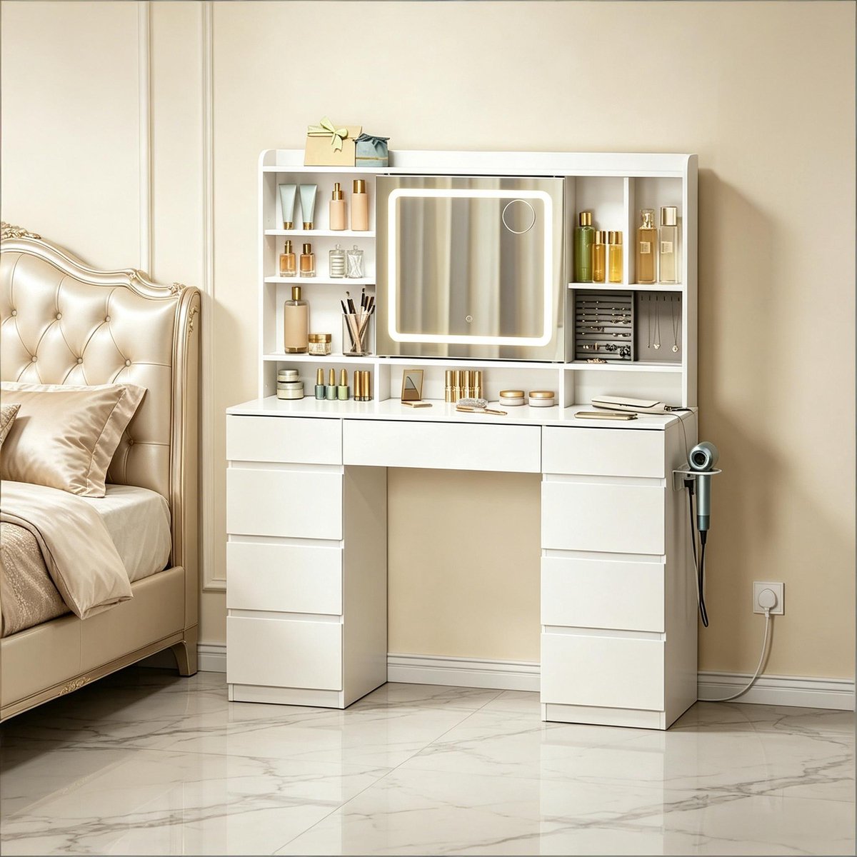MIVRAY Kaptafel - Met Schuifspiegel En Dimbare Verlichting - 9 Laden En Stopcontacten Voor Slaapkamer - Wit Hout - 110x40x140 Cm