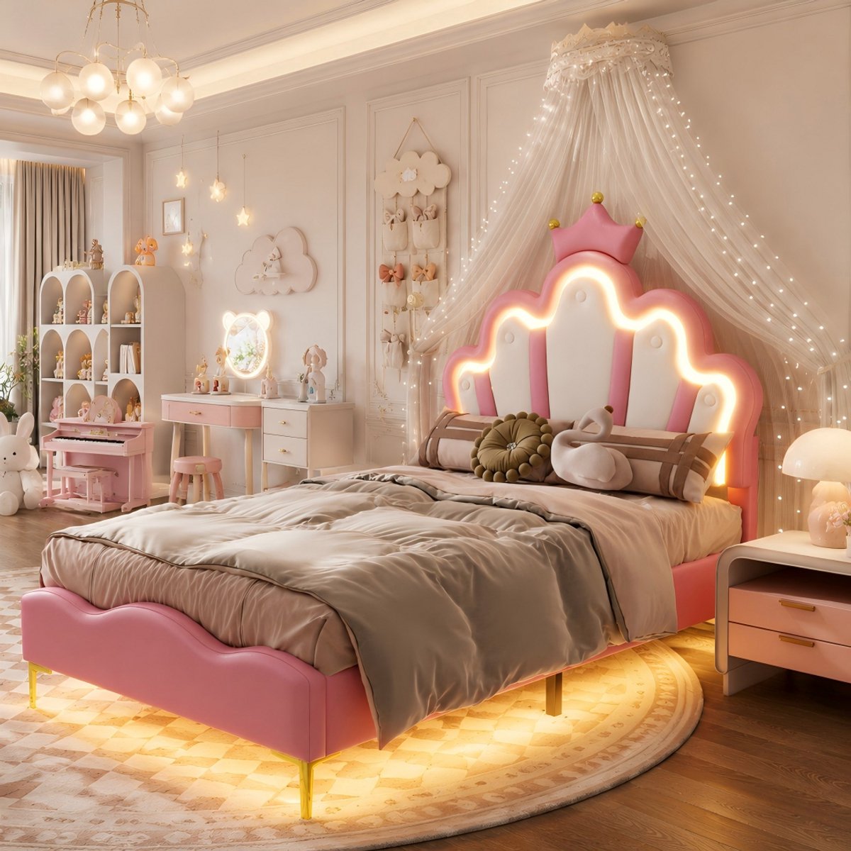 MEXUS Meisjesbed 90x200 cm, gestoffeerd bed met ledverlichting, kinderbed met verstelbaar hoofdeinde, eenpersoons prinsessenbed voor tieners, lattenbodem, PU-materiaal, Roze