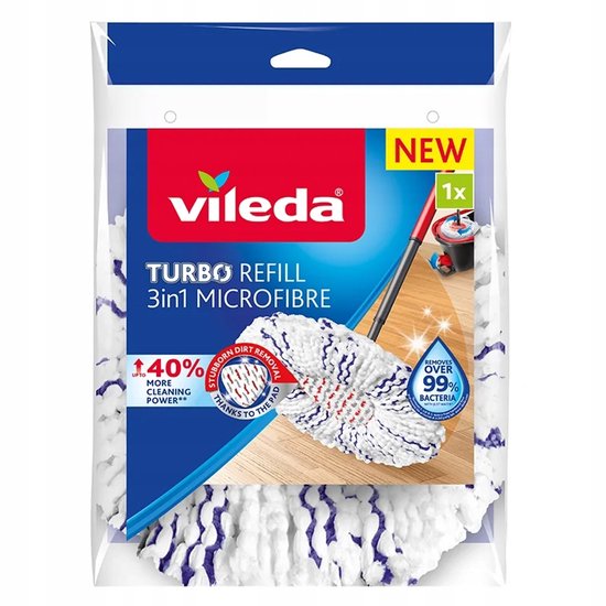 Vileda Turbo Refill 3in1 Microfibre navullingsverpakking met witte en paarse franjes, met de tekst 'NEW' en 'Removes over 99% bacteria'.