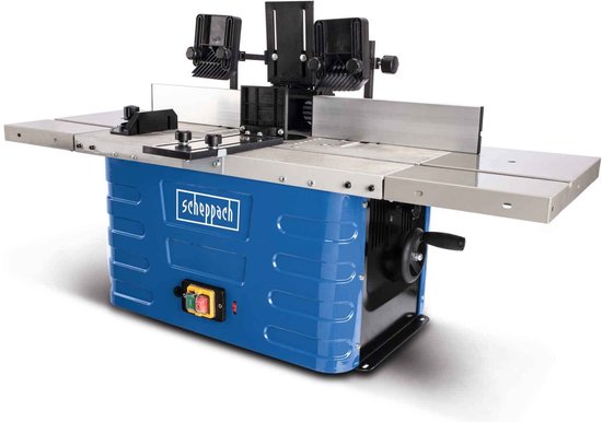 De blauwe Scheppach HF60 tafel-freesmachine met uitgeschoven zijkanten en het Scheppach logo.