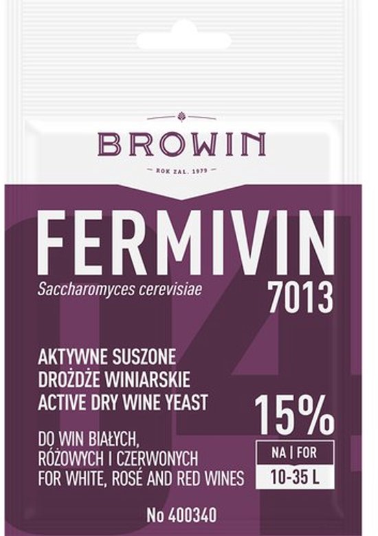 FERMIVIN Saccharomyces cerevisiae 7013, levure de vin sèche active, pour vins blancs, rosés et rouges, 15% na/pour 10-35 L