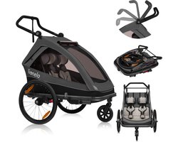Lionelo Cama Fietskar 2in1 - Fiets aanhanger + Kinderwagen voor 2 Kinderen - 360° Voorwiel - 60L Bagageruimte - Full Vering - 5-Punts Gordels - Grote Luchtbanden - UPF50+ & Waterafstotend - Kinderfietskar & Buggy Inklapbaar - Wandelwagen - Tot 2x22kg