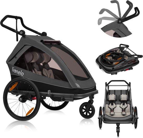 Lionelo Cama Fietskar 2in1 - Fiets aanhanger + Kinderwagen voor 2 Kinderen - 360° Voorwiel - 60L Bagageruimte - Full Vering - 5-Punts Gordels - Grote Luchtbanden - UPF50+ & Waterafstotend - Kinderfietskar & Buggy Inklapbaar - Wandelwagen - Tot 2x22kg