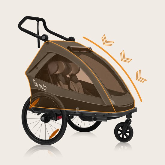 Lionelo Fietskar 2in1 - Fiets aanhanger + Kinderwagen voor 2 Kinderen - 360° Voorwiel - 60L Bagageruimte - Full Vering - 5-Punts Gordels - Grote Luchtbanden - UPF50+ & Waterafstotend - Kinderfietskar & Buggy Inklapbaar - Wandelwagen - Tot 2x22 kg van LIONELO — afbeelding 4