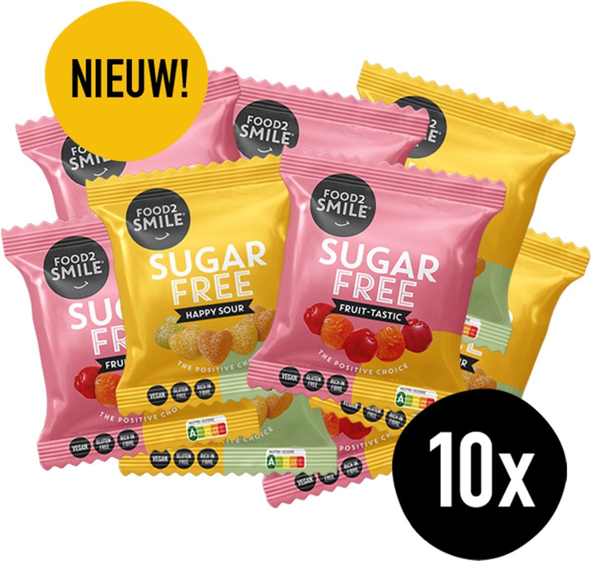 Traktatie snoep voor school 10x50 gram | Happy Sour & Fruit-tastic | Food2Smile | Traktatie zakjes uitdeelzakjes | Suikervrije snoepzakjes | Snoepzakjes voor kinderfeestje | Suikervrij, vegan, glutenvrij