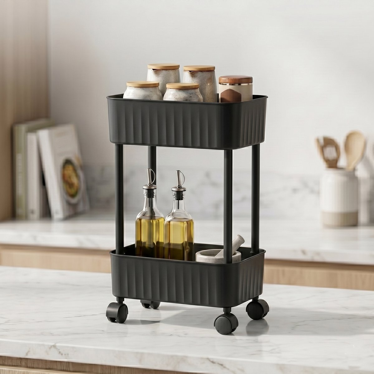 INDECOR 2-Laags Gootsteenkast Organizer op Wielen – Keuken & Badkamer Opbergrek – Onderkast Organizer – 27 X 43X 17 cm - Zwart