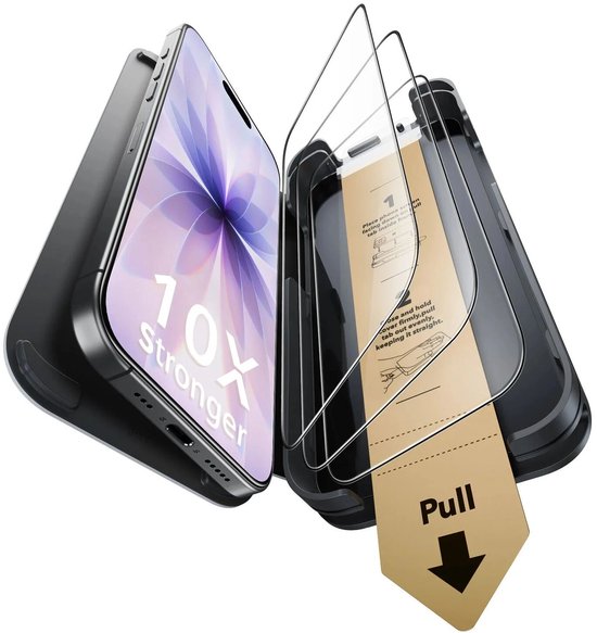 Een telefoon met een screenprotector die in een installatiehulp is geplaatst. Met de tekst '10X sterker'.
