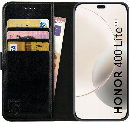 Rosso Element Geschikt voor Honor 400 Lite | Wallet Book Case | Portemonnee Hoesje | 3 Pasjes | Magneetsluiting | Stand Functie | Zwart