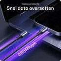 Buddie kabels verbinden een laptop met een telefoon voor 480Mbps dataoverdracht.