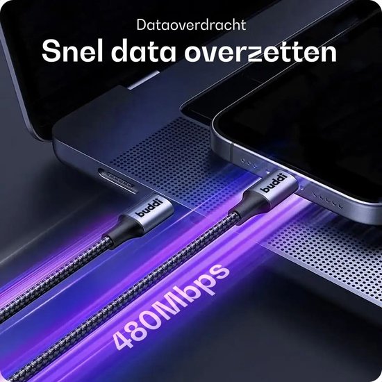 Buddie kabels verbinden een laptop met een telefoon voor 480Mbps dataoverdracht.