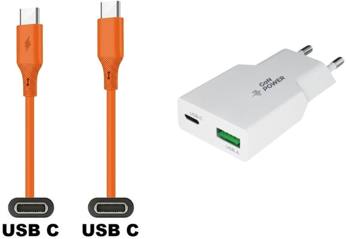 36W super snellader met 2 poorten + 1,0m USB C naar C kabel. Universele PD PPS lader. Compacte GaN oplader adapter past op JBL LIVE 300TWS, Pulse 4, Quantum 400, Quantum 600, Quantum 800, Quantum ONE, Reflect Mini NC