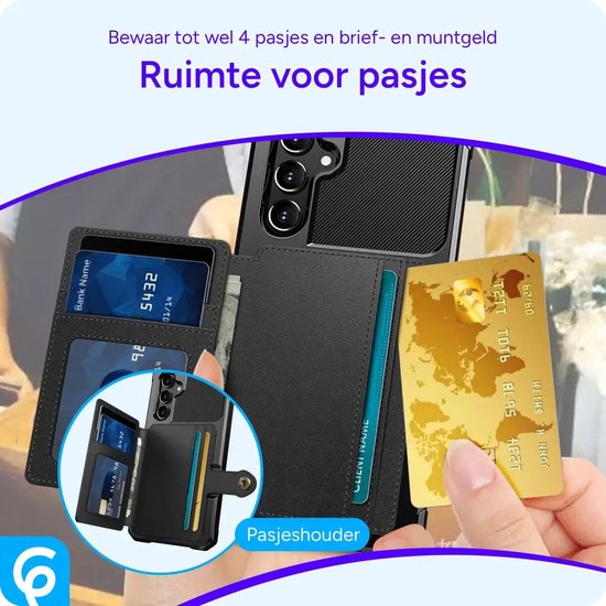 Telefoonhoesje met portemonnee en pasjeshouder. Kaarten en briefgeld zichtbaar.