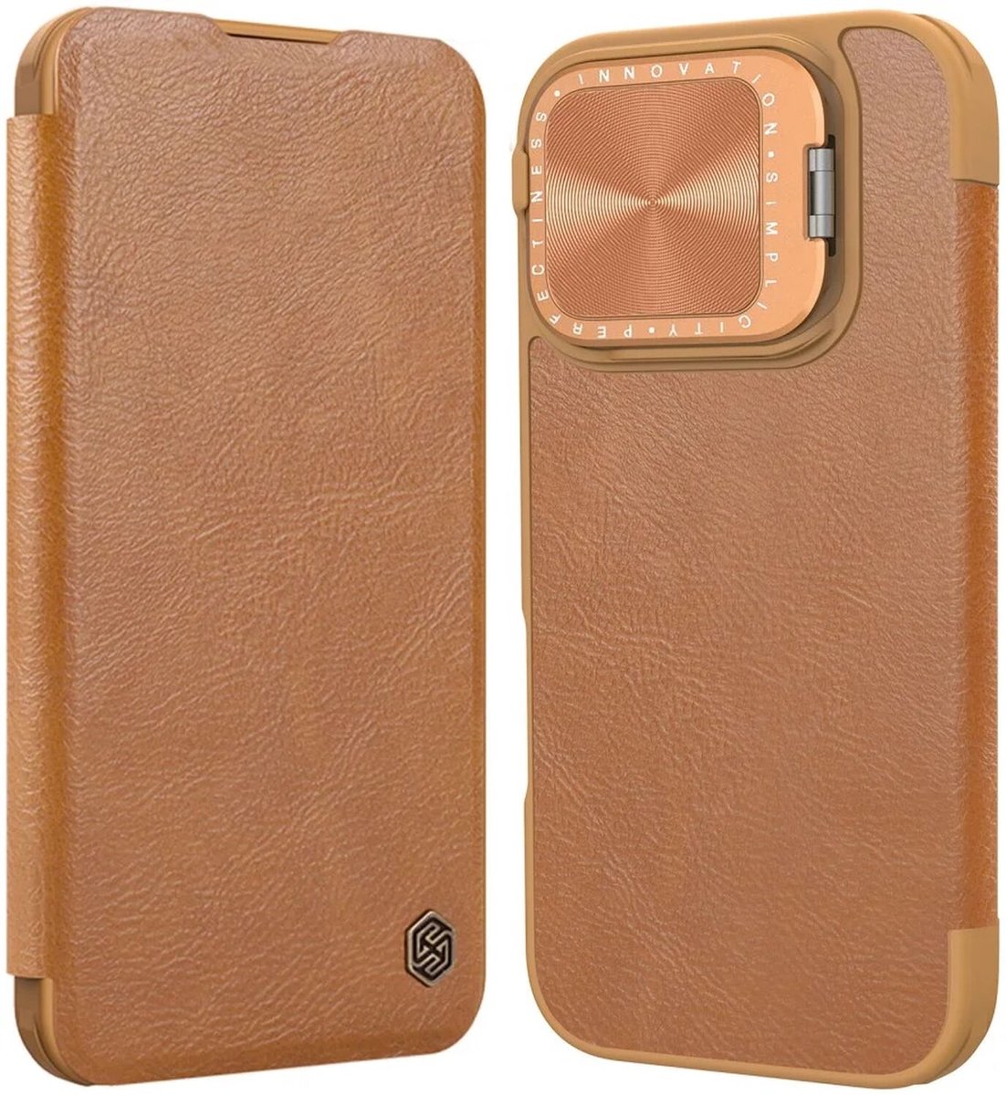 Nillkin Qin Prop Leather Case Hoesje Geschikt voor Apple iPhone 16 Pro Max - Book Case met Pasjeshouder - Camera Cover - Bruin