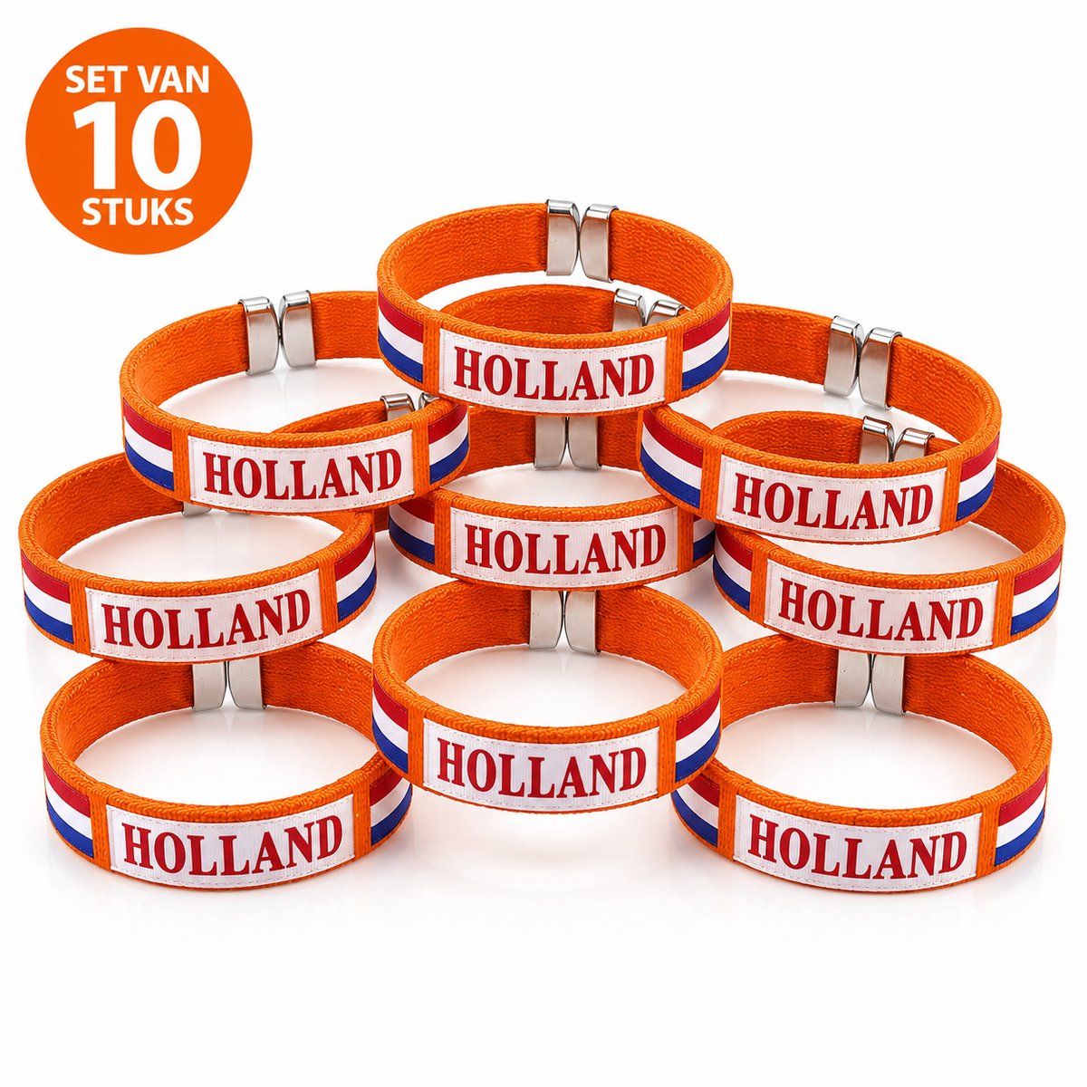 Oranje Holland armband met de Nederlandse 3 kleur. 1 maat past iedereen - 10 stuks