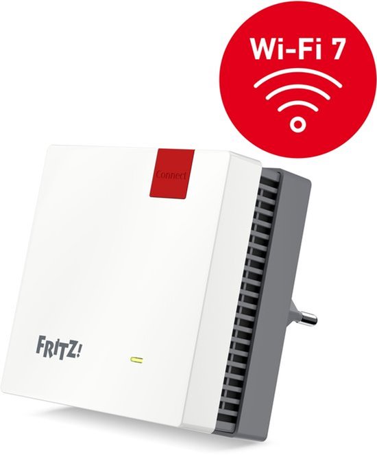 Eén wit Fritz! mesh-apparaat met rode 'Connect'-knop en Wi-Fi 7-symbool.