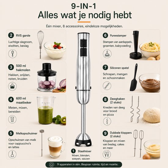 Organess Staafmixer 9-in-1 Set - 1200W - Vaatwasserbestendig - Incl. Titanium mes, Garde, Hakmolen, Maatbeker, Melkopschuimer, Aardappelstamper, Spatel, Deeghaken, Dubbele garde - 12 Snelheden + Turbofunctie - RVS van Merkloos — afbeelding 2
