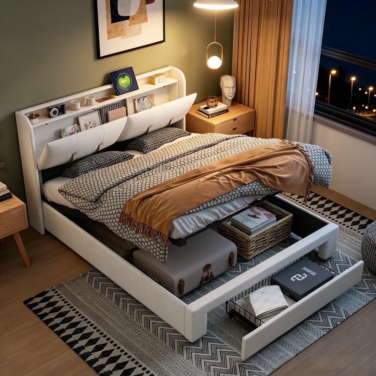 MEXUS Gestoffeerd bed 140x200 cm met LED en USB, tweepersoonsbed met opbergruimte en lattenbodem, opbergbed bedframe met 2 laden, zonder matras, fluweel, beige