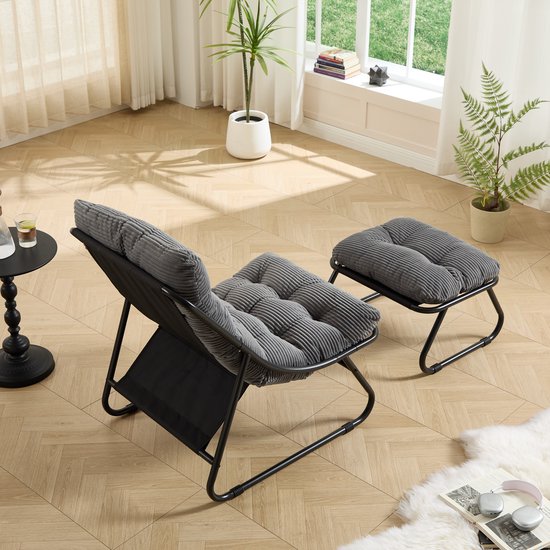 2-delige Loungestoel - Vrijetijdsloungestoel - Outdoor vrijetijdsloungestoel - Terrasloungestoel - Stoel - Met voetsteun - Met kussen - Comfortabel hangstoelontwerp - Geschikt voor woonkamer, slaapkamer, leeskamer - Grijs — afbeelding 4