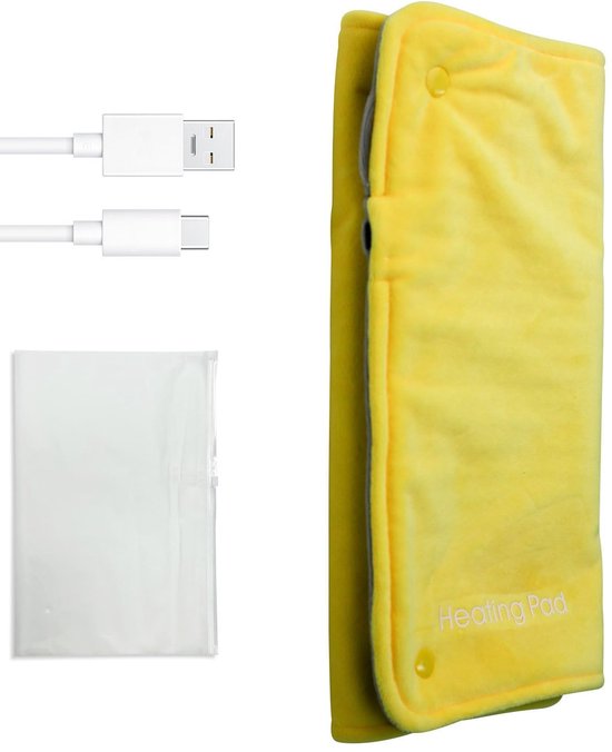 Een geel verwarmingskussen met de tekst "Heating Pad", naast een USB-kabel en plastic hoesje.