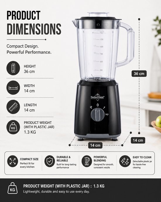 Swiss Haus® BL2315P Blender - 500W Smoothie Maker - 1.5L Plastic Kan met Grinder - 2 Snelheden + Pulse - RVS Messen - BPA Vrij - Vaatwasserbestendig - Zwart van Merkloos — afbeelding 4