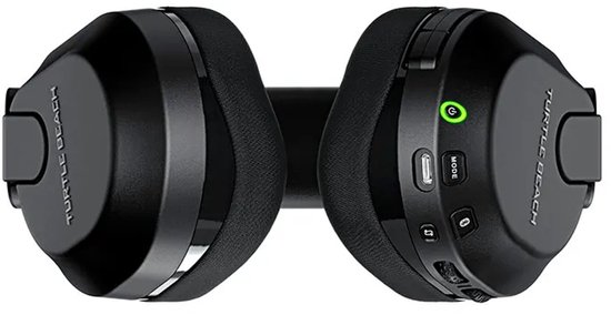 Bovenaanzicht van een zwarte gaming headset met bedieningsknoppen en Turtle Beach logo.