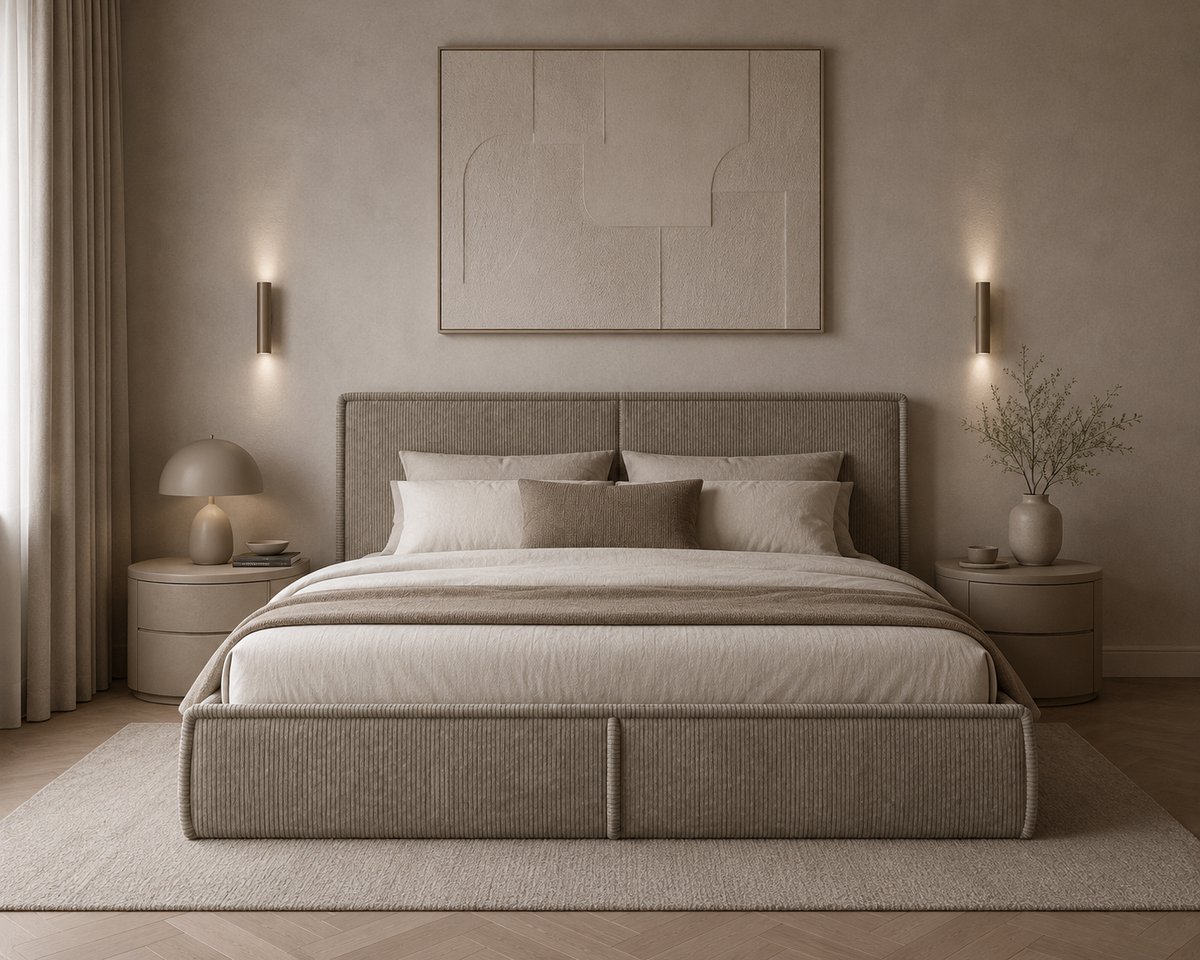 AJE Meubles B.V. Gestoffeerd Bed 04 met Opbergruimte en Hoofdbord 140x200 cm - Cappuccino (Poso 03)