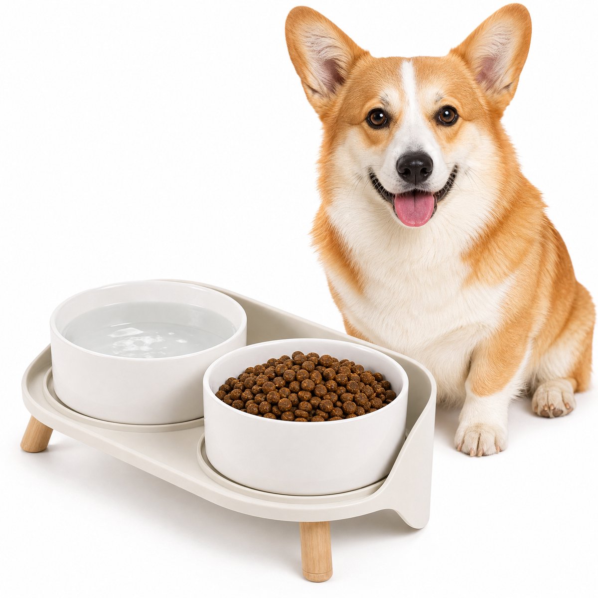 Dubbele voer- en waterbak voor katten – Geschikt voor katten en honden – Dierenbenodigdheden – Ergonomisch ontwerp met neksteun en spatbescherming – Kantelbestendig en gemakkelijk schoon te maken – Gemaakt van kunststof – Wit – 37 x 11 cm