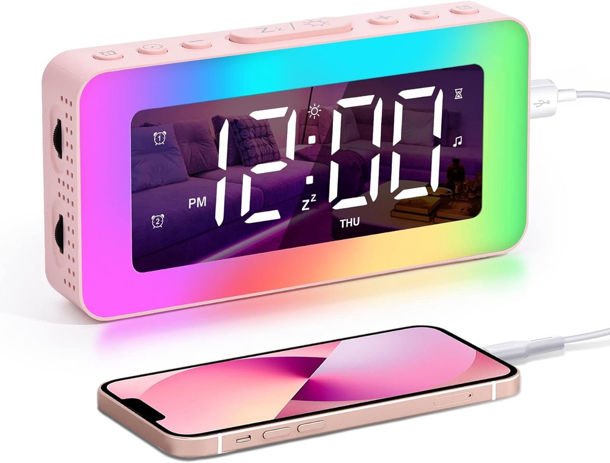 carmdering - Nachtkastklok - Digitale Wekker - Spiegelklok - Dubbele wekker, 7 melodie毛n, 9 min snooze - RGB sfeerverlichting, 5 kleuren, 3 modi - 5V/1A USB poort, 12/24u - 0-100% helderheid, 16 volumelevels - CR2032 back-up, 12x8x6 cm