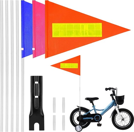 Oranje, roze en blauwe driehoekige fietsvlaggen met reflecterende elementen, palen en een fietsbevestiging.