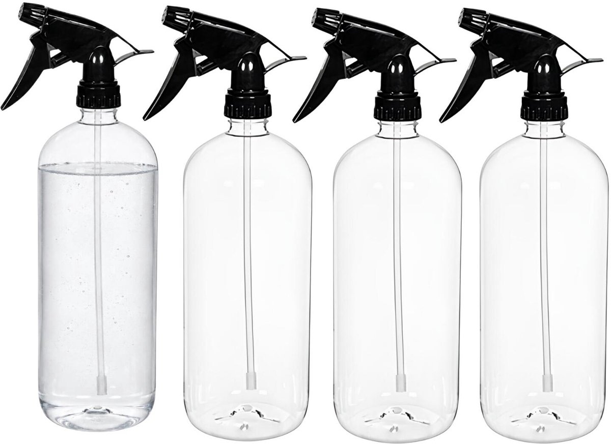 CM Plantenspuit met een inhoud van 1000 ml - 4x - transparant - verstuiver kop - 28 cm - kunststof - plantensproeier