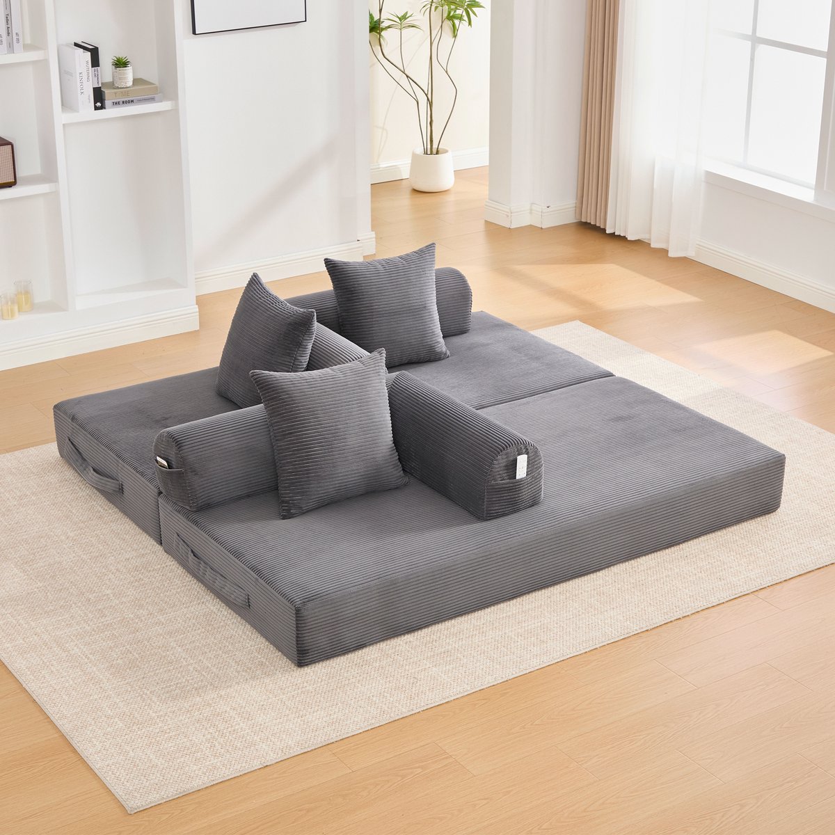 DESMIU Slaapbank 200 x 94 x 67 cm - Modulair Opvouwbaar Met Opbergtas En 3 Kussens - Voor Woonkamer En Appartement - Ribstof Donkergrijs
